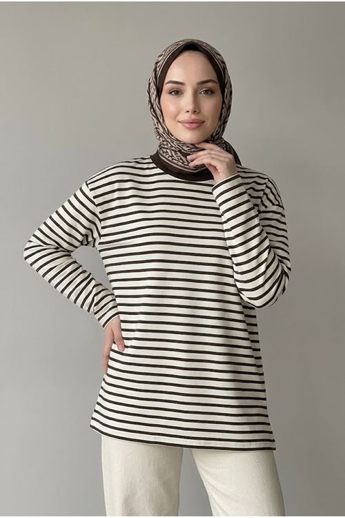 Çizgili Oysh Tunik-Kahve