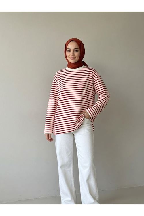Çizgili Oysh Tunik-Kırmızı