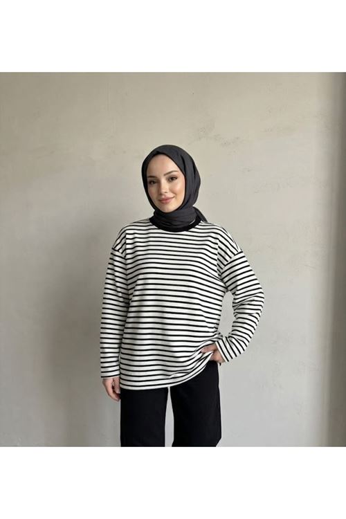 Çizgili Oysh Tunik-Siyah