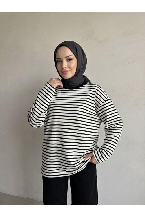 Çizgili Oysh Tunik-Siyah
