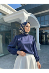 Arka Fermuar Detay Saten Tunik-Lacivert
