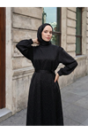 Saten Taşlı Elbise-Siyah