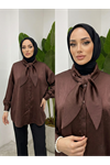 Yaka Detay Saten Tunik-Kahve