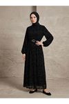 Flok Baskılı Tül Elbise-Siyah