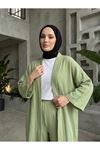 Lunsera Kadın Müslin Kumaş Kimono Pantolon Takım Açık Ön Rahat Kalıp Tesettür Takım-Mint