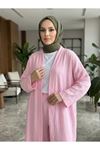 Lunsera Kadın Müslin Kumaş Kimono Pantolon Takım Açık Ön Rahat Kalıp Tesettür Takım-Pembe