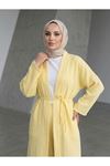 Lunsera Kadın Müslin Kumaş Kimono Pantolon Takım Açık Ön Rahat Kalıp Tesettür Takım-Sarı