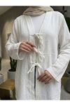 Lunsera Kadın Müslin Kumaş Ön Bağlama Detaylı Kimono Geniş Kol Tesettür Dış Giyim-Ekru