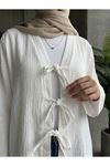 Lunsera Kadın Müslin Kumaş Ön Bağlama Detaylı Kimono Geniş Kol Tesettür Dış Giyim-Ekru