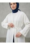 Lunsera Kadın Müslin Kumaş Cepsiz Kimono Bağlamalı Uzun Kollu Tesettür Kimono Rahat Kalıp- Ekru