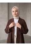 Lunsera Kadın Müslin Kumaş Açık Ön Kimono Büzgü Detaylı Geniş Kollu Tesettür Kimono-Kahve