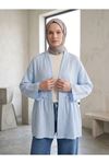 Lunsera Kadın Müslin Kumaş Açık Ön Kimono Büzgü Detaylı Geniş Kollu Tesettür Kimono-Mavi