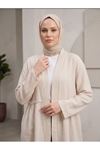 Lunsera Kadın Müslin Kumaş Açık Ön Kimono Büzgü Detaylı Geniş Kollu Tesettür Kimono-Taş