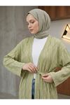 Lunsera Kadın Bürümcük Ağaç Kabuğu Kumaş Uzun Kollu Kimono Tesettür Hırka-YAĞ YEŞİLİ