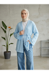 Lunsera Kadın Bürümcük Ağaç Kabuğu Kumaş Uzun Kollu Kimono Tesettür Hırka-Mavi