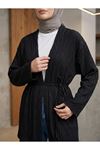 Lunsera Kadın Bürümcük Ağaç Kabuğu Kumaş Uzun Kollu Kimono Tesettür Hırka-Siyah