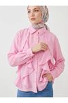 Lunsera Kadın Tül Çilek Kumaş Fırfır Detaylı Gömlek Uzun Kollu Tesettür Gömlek-Pembe