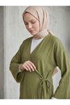 Lunsera Kadın Çilek Kumaş Kimono Bluz Yandan Bağlamalı Uzun Kollu Tesettür Bluz-Haki
