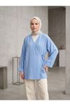 Lunsera Kadın Çilek Kumaş Kimono Bluz Yandan Bağlamalı Uzun Kollu Tesettür Bluz-Mavi
