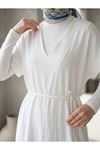Lunsera Kadın Müslin Kumaş Uzun Tunik V Yaka Beli İpli Yazlık Tesettür Tunik-Ekru