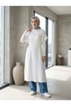 Lunsera Kadın Müslin Kumaş Uzun Tunik V Yaka Beli İpli Yazlık Tesettür Tunik-Ekru