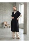 Lunsera Kadın Müslin Kumaş Uzun Tunik V Yaka Beli İpli Yazlık Tesettür Tunik-Siyah