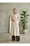 Lunsera Kadın Müslin Kumaş Uzun Tunik V Yaka Beli İpli Yazlık Tesettür Tunik-Taş