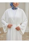 Kadın Dubai Kumaş Uzun Kimono Bağlamalı Tesettür Hırka Rahat Kalıp Mevsimlik-Beyaz