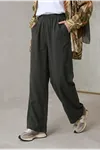 Lunsera Kadın Yıkamalı Kot Kumaş Geniş Paça Pantolon Lastikli Bel Cepli Rahat Kalıp 100 cm-Antrasit