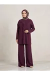Kadın Modal Pike 3 Parça Takım Omuz Şallı Tunik Pantolon Rahat Kalıp Tesettür Takım-Bordo