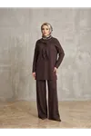 Kadın Modal Pike 3 Parça Takım Omuz Şallı Tunik Pantolon Rahat Kalıp Tesettür Takım-Kahve