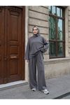 Soft Dokulu Asimetrik Tünik ve Bol Paça Pantolon İkili Takım -Antrasit