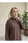 Yarım Yaka Ön Robalı Yırtmaçlı Tunik-Kahve
